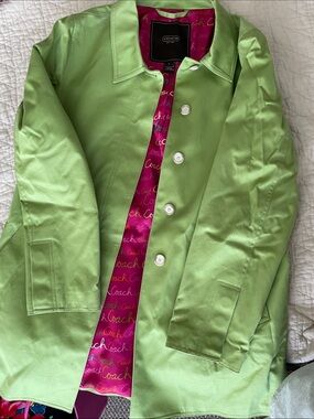 Coach Lime Green Satin Jacket with Pink Logo Lining